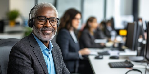 Diverse senior customer service representative smiling in a busy office