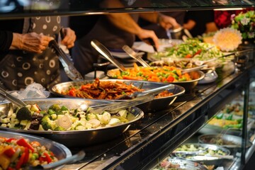 Buffet with various dishes and salads being served. Catering and food service concept for design and print.