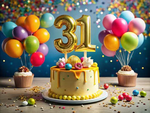 Vibrant balloons and confetti surround a bold, golden '31' cake topper, symbolizing a milestone celebration of another