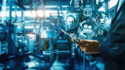 Person using technology in an industrial environment, surrounded by virtual icons representing Industry 4.0, automation, and smart manufacturing systems.