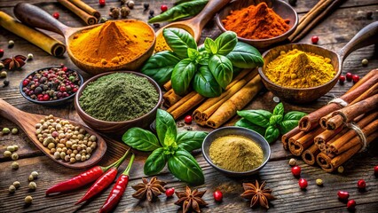 Fototapeta premium Vibrant arrangement of diverse spices and herbs, including turmeric, basil, and cinnamon, artfully scattered on a rustic wooden surface, evoking warmth and culinary creativity.
