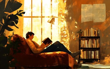 Cozy Afternoon Reading - Person Enjoying a Book in Warm Tones Illustration