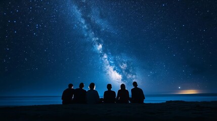 Group of friends under a blanket of stars, camping stargazing, shared moments