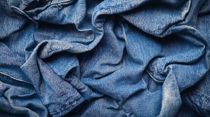 Close-up of crumpled blue denim fabric showcasing texture and color variations.