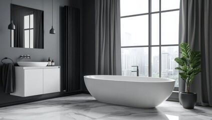 modern bathroom interior with white bathtub facing a curtained window, basin on white cabinet and mirror, 3d render, 3d illustration