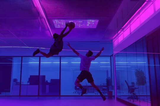 Competitive Bossaball Game in a Futuristic Tech Company Headquarters with Mid Air Acrobatics and