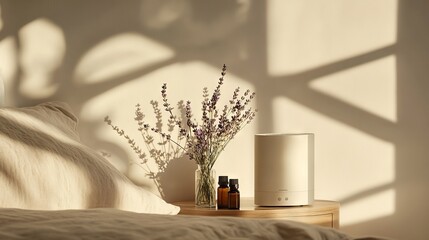 Minimalist Bedside Table with Air Purifier and Lavender Flowers in Morning Light, AI generated illustration