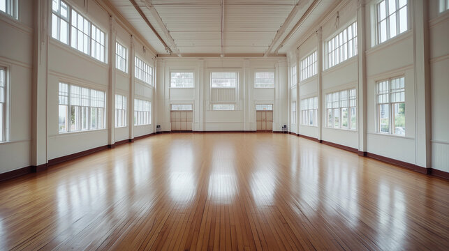 Empty school hall with polished wooden floor large windows white walls high ceiling bright spacious community dance class church group event space blank backdrop copy space elegant traditional