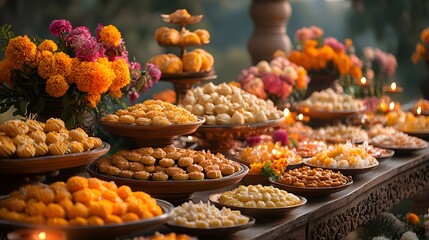 Fototapeta premium A Diwali setup with a variety of sweets, bright flowers, and warm candlelight, creating a serene and joyful celebration of light and kindness.