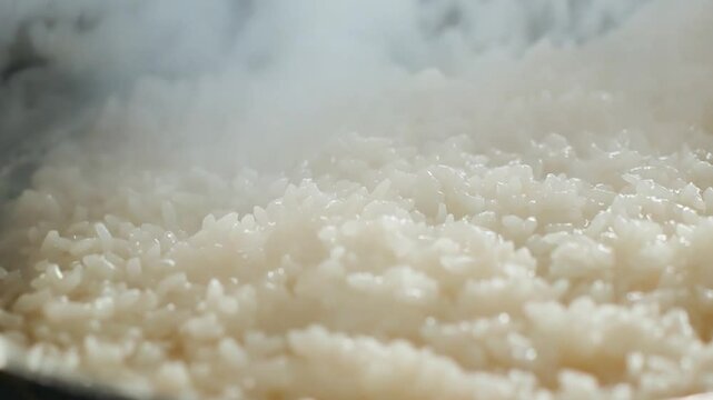 This Fluffy white rice steams gently in a pot, ready to serve with delicious meals.