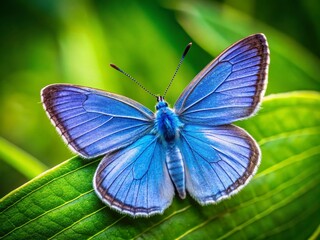 Vibrant blue butterfly with delicate wings and slender body perches on a soft green leaf, set against a