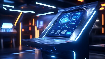 Fototapeta premium Futuristic Kiosk Terminal with Sleek Holographic Interface in Neon Lit Urban Landscape