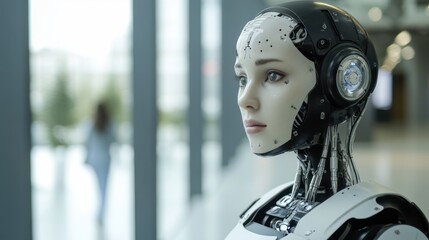 Realistic female cyborg in high-tech indoor environment