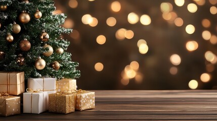 Christmas tree with golden decorations and wrapped gifts