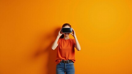 Fototapeta premium Young Woman Wearing Virtual Reality Glasses On Vibrant Orange Background With Copy Space Innovative Technology Immersive Experience