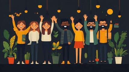Happy Team Gathering: A diverse and vibrant group of colleagues celebrates their accomplishments with smiles and raised hands, a testament to their unity, collaboration, and shared success. They stand