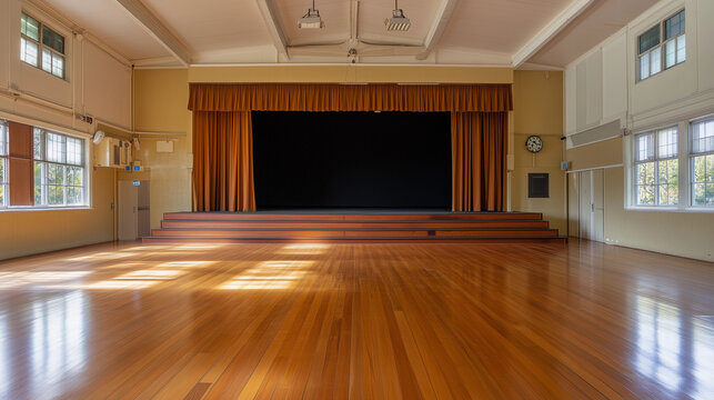 Empty school hall with polished wooden floor stage golden curtains high ceiling large windows natural light community event space performance venue rental multipurpose gathering classic retro aestheti