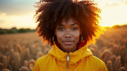 Stunning Black Woman Curly Hair Yellow Jacket Outdoor Portrait Golden Hour
