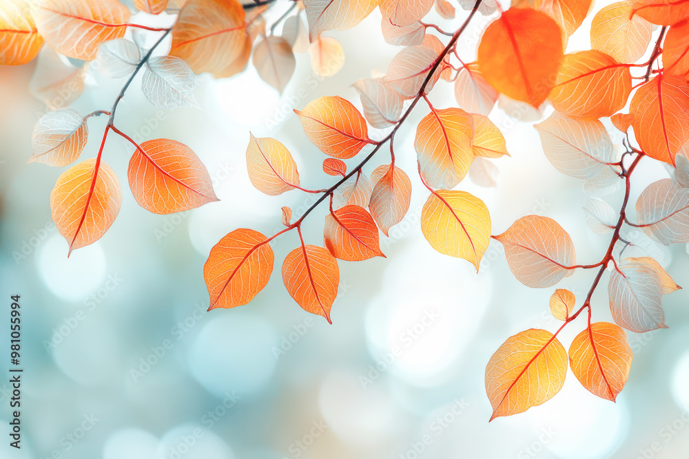 Sticker Delicate autumn branches with orange and white leaves against a soft, blurred background in pastel shades of blue.