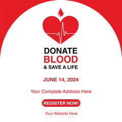 Donate blood and save a life. Register now. Social media post or template. Editable eps file for corporate companies. World blood donor day.