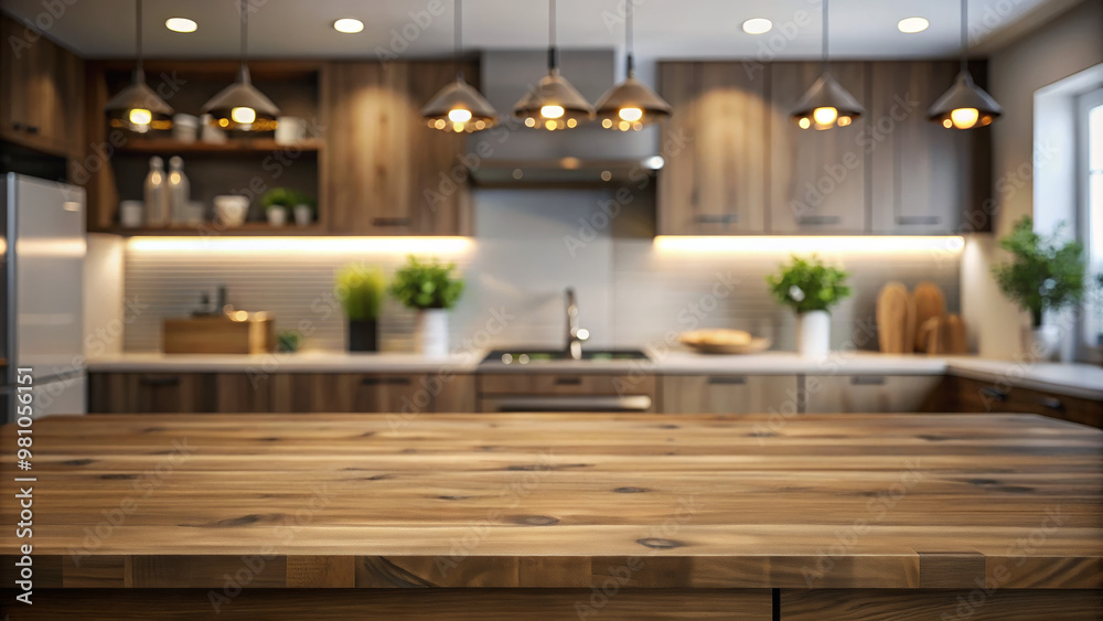 Wall mural Dark oak countertop against a modern illuminated kitchen, ideal for product mock up photography