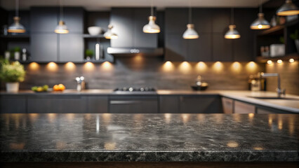 Black granite countertop in the foreground against a luxurious dark themed kitchen, ideal for product mock up photography