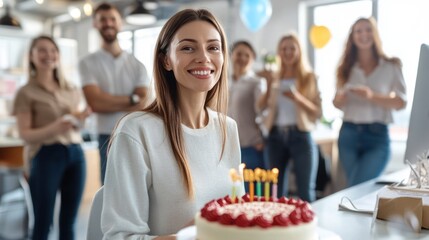 Smiling woman celebrates birthday with cake at desk