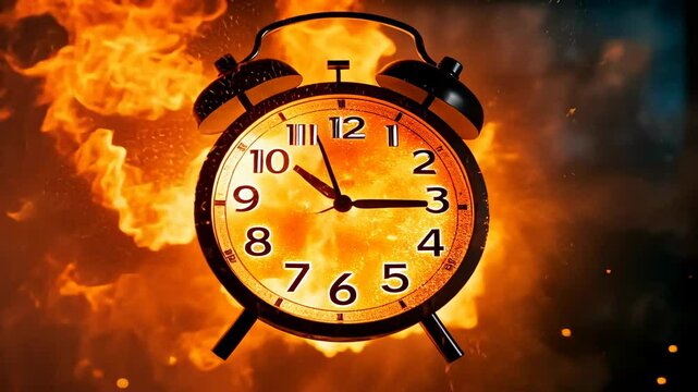 A vintage clock is captured mid-explosion against a dramatic night sky, with flames and sparks flying in all directions. The chaotic scene emphasizes urgency and destruction, evoking a sense of time