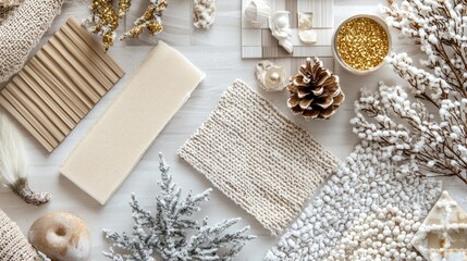 Warm flat lay composition in sequin, quietude, snowbound, gold color palette with textile and paint samples, lamella panels and tiles. Interior designer moodboard. Top view. Copy space. Template