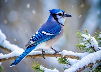 Vibrant blue jay perches on a snowy branch, showcasing its bright blue and white feathers, black necklace, and