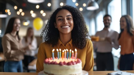 Smiling woman with curly hair at a birthday event.
