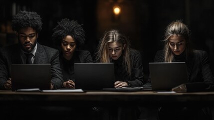 Focused in the Digital Shadows: A diverse team of young professionals, illuminated by the glow of their laptops, work late into the night in a dimly lit, atmospheric setting. 