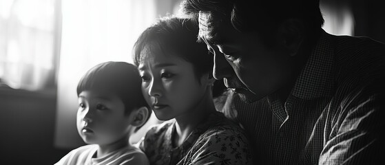 Dramatic chiaroscuro lighting accentuates the determined expression of an Asian family member navigating the challenges of disability or illness