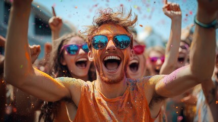Happy Friends Covered in Colorful Powder at Festival