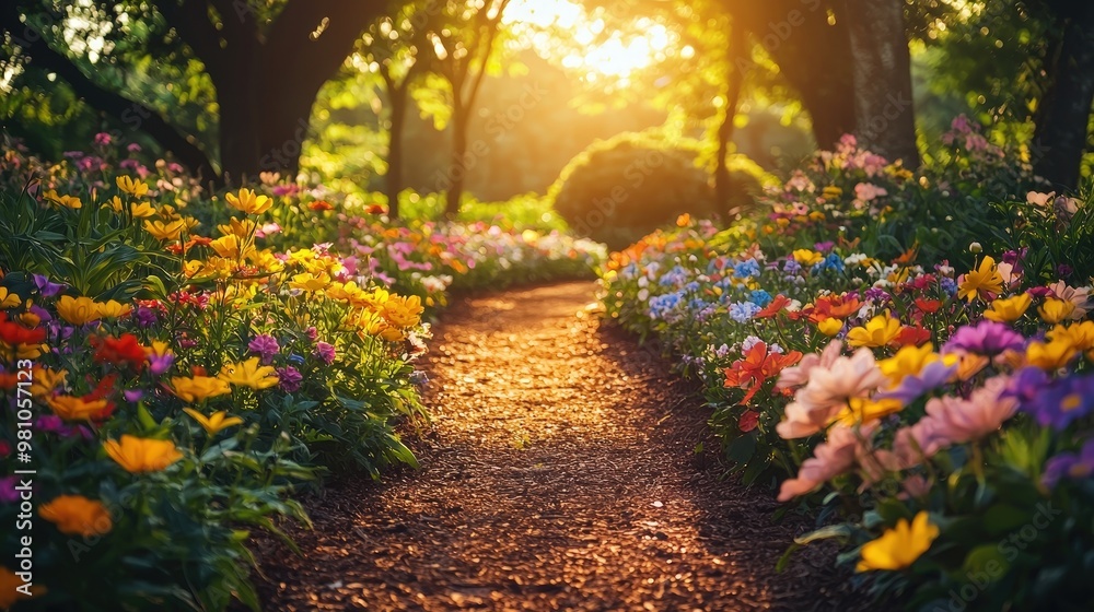 Poster A winding path surrounded by colorful blooms leads through a tranquil garden during sunset, casting a warm glow on the flowers and greenery