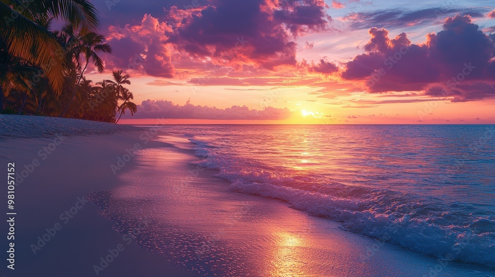 Poster the sun sets dramatically over the calm ocean, casting colorful reflections on the water and illumin