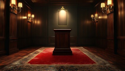 Large Empty Room with Old Wooden Podium and Red Carpet, AI generated illustration