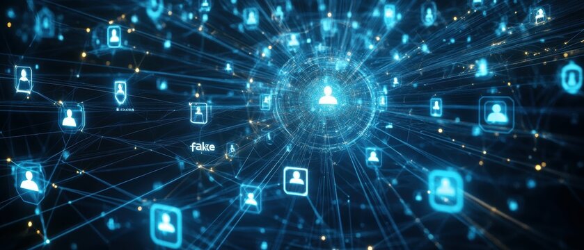 Expansive composition showcasing the pervasiveness of AI-generated "fake" social media profiles, eroding trust in online interactions