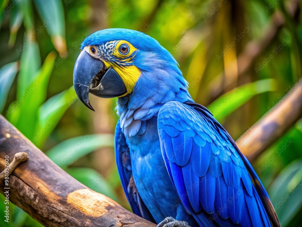 Wall mural vibrant blue plumage glistens on a majestic parrot's feathers as it perches on a branch, its bright 