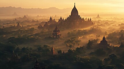 The ancient temples of Bagan, Myanmar, spread out across a vast plain.