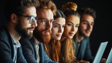 Focused Collaboration: A diverse team of young professionals intently scrutinizes a laptop screen, bathed in soft light, symbolizing their shared dedication to a common goal.  