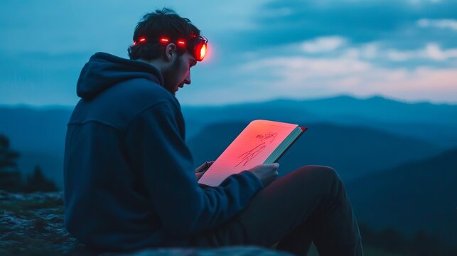 Person using a red-light headlamp, sketching the stars in a journal, camping stargazing, documenting the night sky