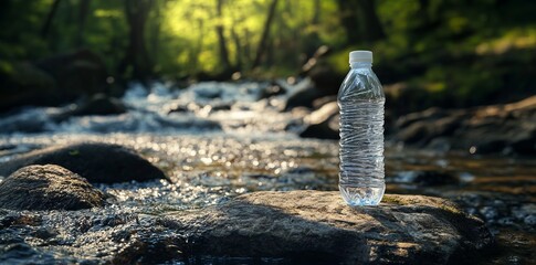 Plastic Water Bottle on a Stone by a Flowing Stream in a Forest - AI generated illustration