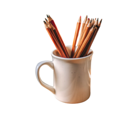 Assorted colored pencils in white ceramic mug on transparent background