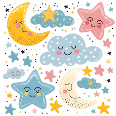 Image of cute celestial objects with faces, including stars, clouds, and moon. Cartoon graphic style on a white background. Concept of cheerful night sky elements