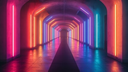 Neon Lights Tunnel Corridor Glow Abstract Futuristic