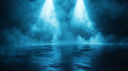 Fototapeta premium Blue Foggy Background with Spotlights and Reflection