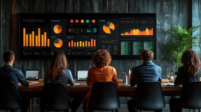 Data Driven Decisions: A team of professionals gather around a large screen displaying a comprehensive data dashboard, showcasing their commitment to data-driven insights and strategic planning.  