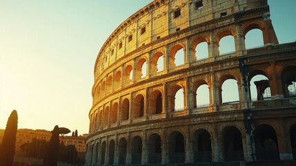 Fototapeta premium The Colosseum in Rome, Italy, lit by the soft glow of the evening sun.
