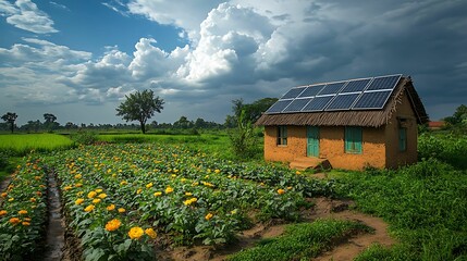 A rural house equipped with solar panels surrounded by a vibrant flower garden and fields, under a cloudy sky, symbolizing sustainable living.